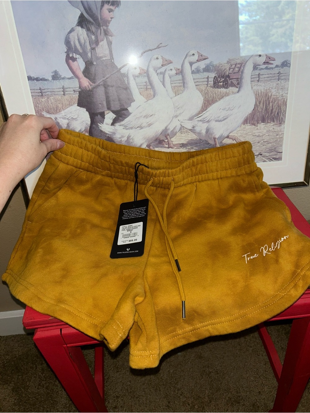 True Religion Mustard Drawstring Shorts with Script Logo - Picture 3 of 4